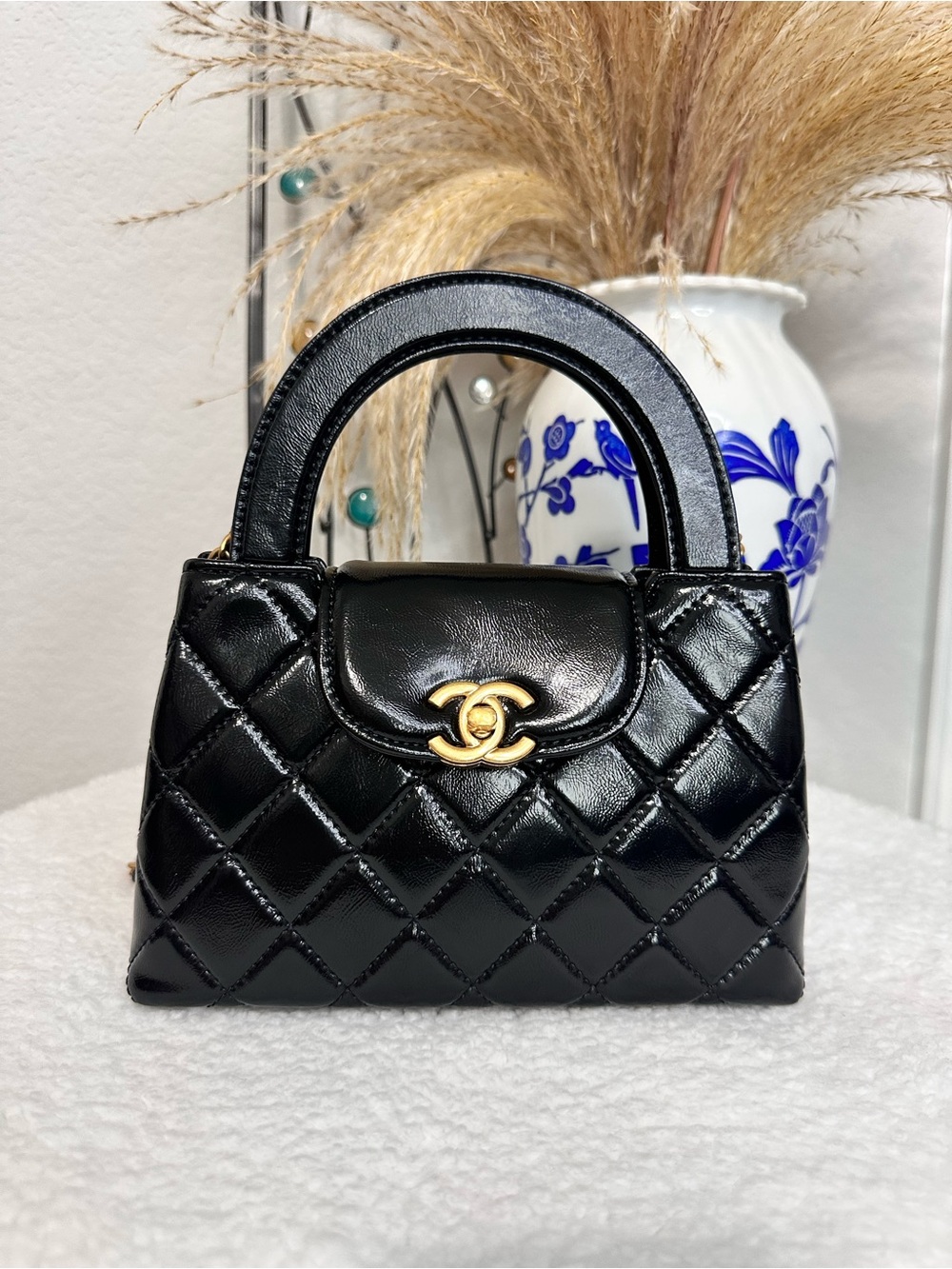 Black Quilted Mini Top Handle Bag with Gold Hardware, Designer Inspired